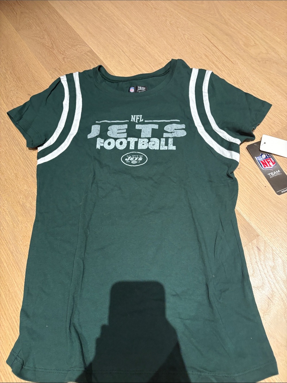 NFL Green Jets Football Tee with White Sleeve Stripes